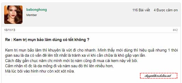 Đánh giá của người dùng về kem trị mụn Bảo Lâm